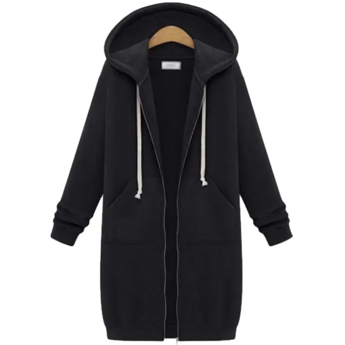 Oversized hoodie for women in black with long zip front, roomy hood and fleece lining providing warm stylish comfort for daily wear