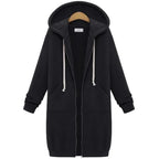 Oversized hoodie for women in black with long zip front, roomy hood and fleece lining providing warm stylish comfort for daily wear
