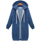 Oversized hoodie for women in blue with long zip front and soft fleece interior offering warm casual comfort for daily outfits