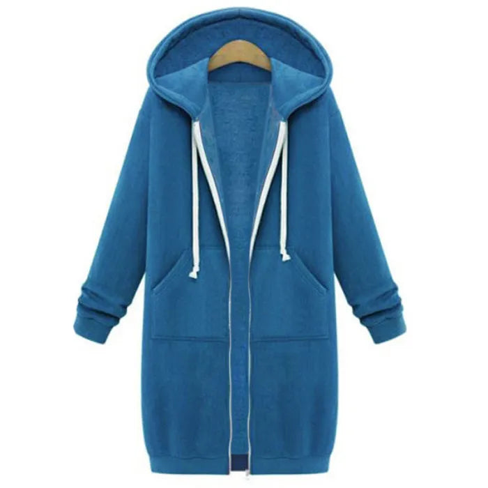 Oversized hoodie for women in blue with full zip front and fleece interior providing warm relaxed comfort for daily casual outfits
