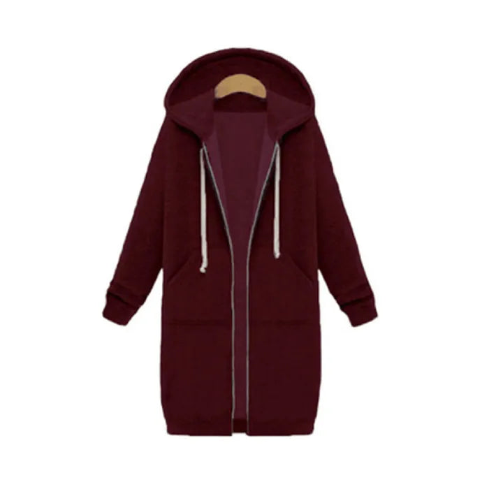 Oversized hoodie for women in burgundy featuring long zip front and cozy fleece warmth, ideal for stylish relaxed cold-weather wear