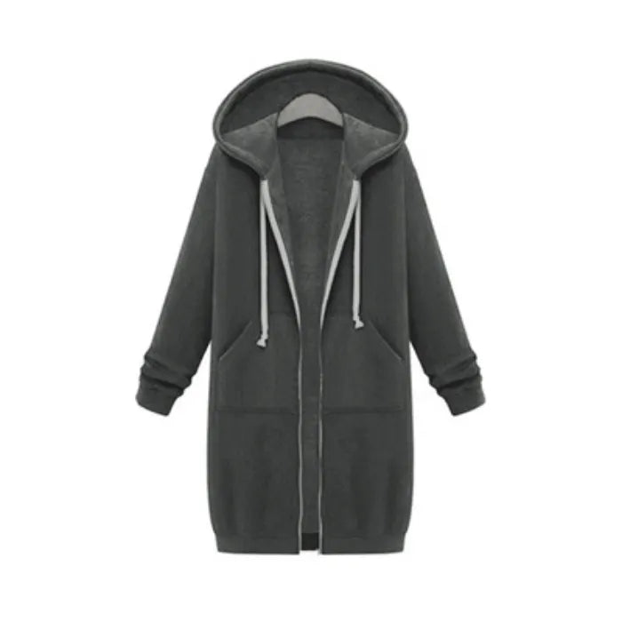 Oversized hoodie for women in dark grey with long silhouette, deep hood and fleece lining delivering warm casual everyday comfort