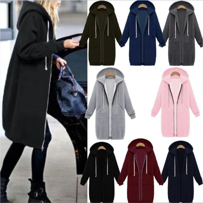 Oversized hoodie for women shown in multiple colors with long zip design and fleece comfort, highlighting warm casual style options