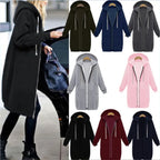 Oversized hoodie for women shown in multiple colors with long zip design and fleece comfort, highlighting warm casual style options