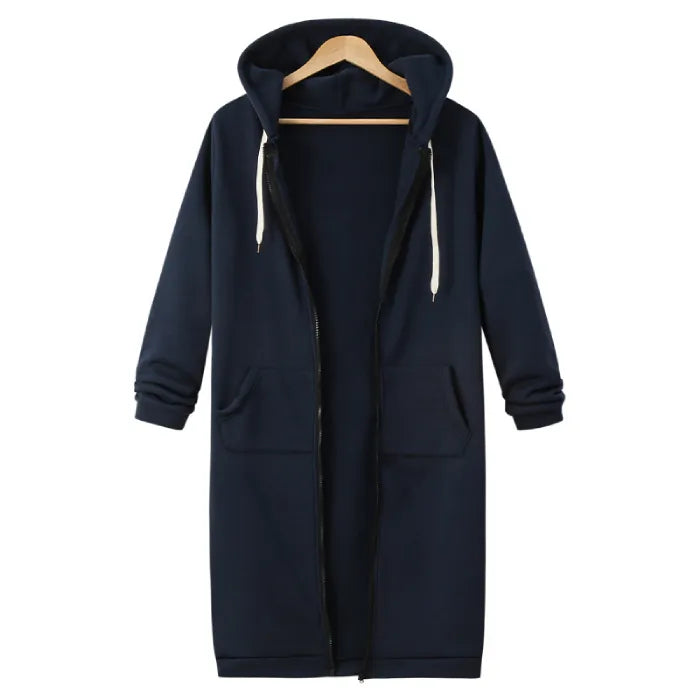 Oversized hoodie for women in navy with long open front, adjustable hood and fleece softness offering stylish warm everyday comfort