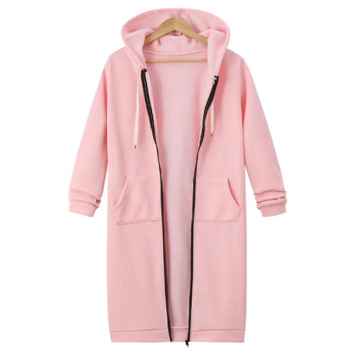 Oversized hoodie for women in soft pink featuring long relaxed fit, zip closure and fleece comfort for warm stylish casual wear