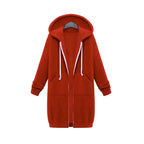 Oversized hoodie for women in warm red with long zip design, soft fleece lining and roomy hood offering cozy stylish everyday comfort
