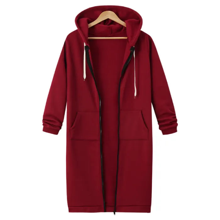 Oversized hoodie for women in wine red with longline fit, soft fleece lining and roomy hood offering cozy stylish cold-weather comfort