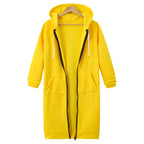 Oversized hoodie for women in bright yellow with long zip front and soft fleece warmth providing cheerful cozy everyday comfort