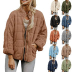 Oversized quilted zip jacket shown in multiple color options including beige, green, black, and blue tones.