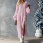 Oversized sweater dress with slit in blush pink fuzzy knit designed for cozy winter outfits and feminine holiday style.