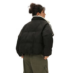 Back view of black Padded Puffer Jacket featuring relaxed fit, high collar, and sleeve stripes.