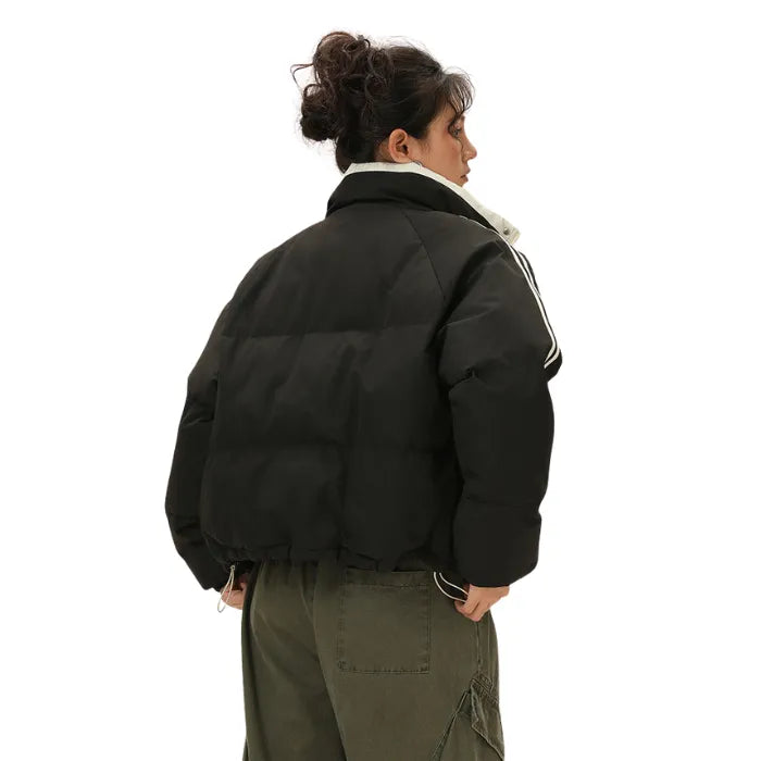Back view of black Padded Puffer Jacket featuring relaxed fit, high collar, and sleeve stripes.