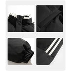 Padded Puffer Jacket close-up with elastic cuffs, hidden pocket, and white-striped sleeve accents.