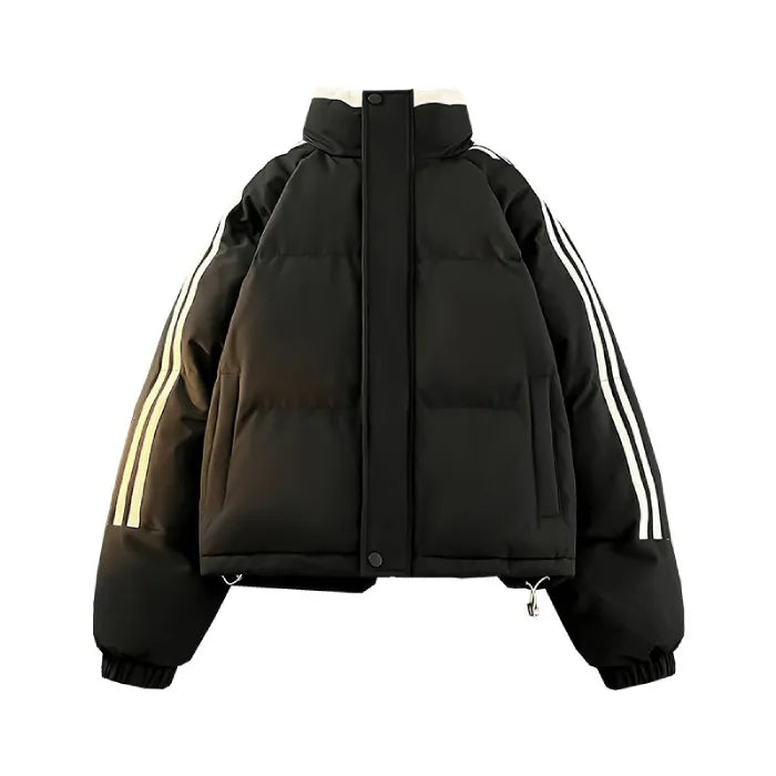Black Padded Puffer Jacket laid flat showcasing puffy texture, white sleeve stripes, and zipper front.