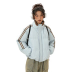 Light blue Padded Puffer Jacket with brown inner collar and stripes styled with headphones and backpack.