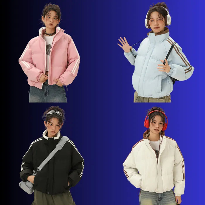 Padded Puffer Jacket in pink, blue, black, and white shown on models styled in casual streetwear.