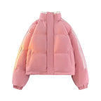 Flatlay of pink Padded Puffer Jacket with white sleeve stripes, high neck, and snap-button closure.