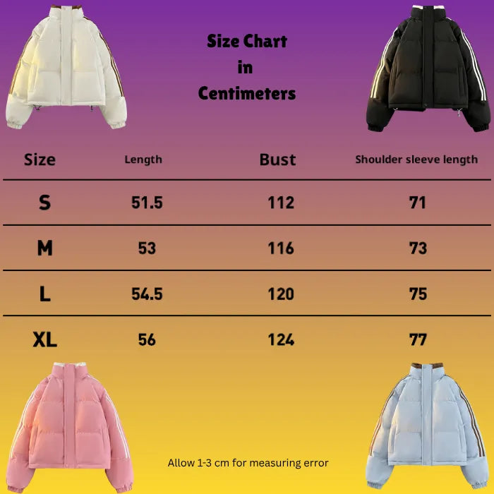 Padded Puffer Jacket size chart in centimeters with measurements for small to extra-large sizes.