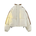 Flatlay of white Padded Puffer Jacket with brown stripes and adjustable hem drawstrings.