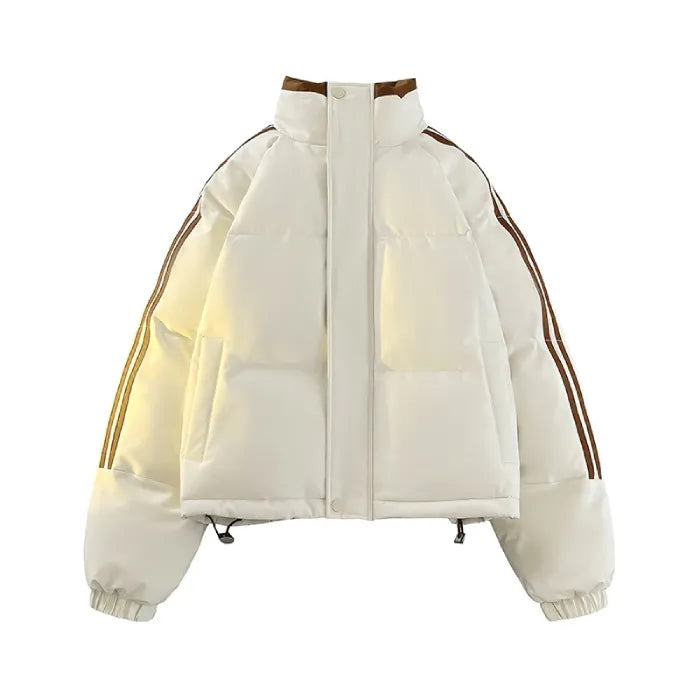 Flatlay of white Padded Puffer Jacket with brown stripes and adjustable hem drawstrings.