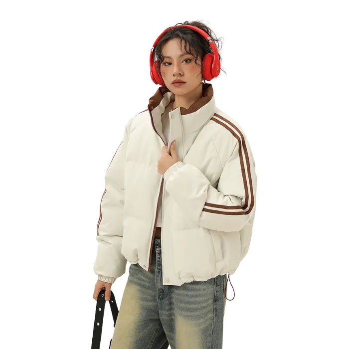 White Padded Puffer Jacket partially unzipped, showing brown inner collar and striped sleeve detail.
