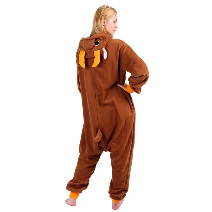 Pajama costume in brown reindeer design shown from the back, displaying tail and hood details.