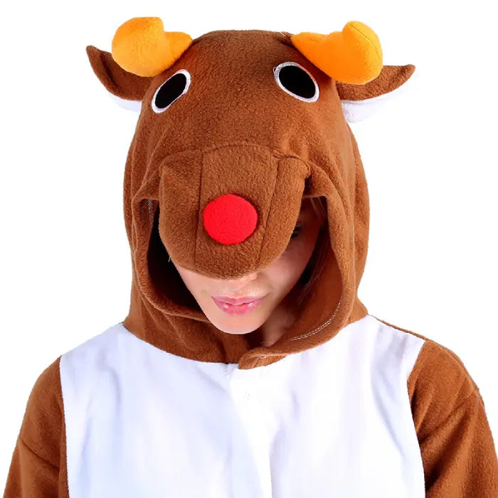 Pajama costume brown reindeer hood with 3D eyes, orange antlers, and a red nose in close-up view.