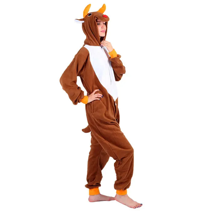 Pajama costume in brown reindeer style with white belly, red nose, and antlers shown from the side.