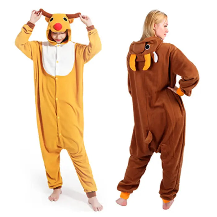 Pajama costume in brown reindeer style with white belly, red nose, and antlers shown from the side.