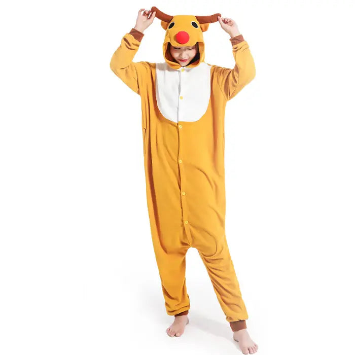 Pajama costume in yellow reindeer design with antlers and red nose, shown from the front.
