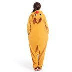 Pajama costume in yellow with reindeer face hood, antlers, and red nose shown from the back.