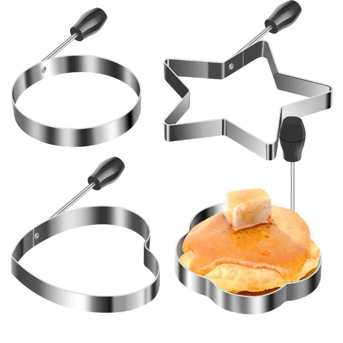 Stainless steel pancake mold set with heart, star, circle, and flower shapes for creative cooking.