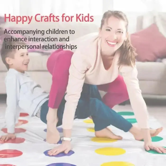 Adult and child engaging in happy crafts activity on colorful floor mat promoting interpersonal skill development at home