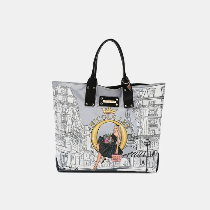 Large tote bag with Paris street scene illustration, featuring blonde woman in black dress and gold circular frame