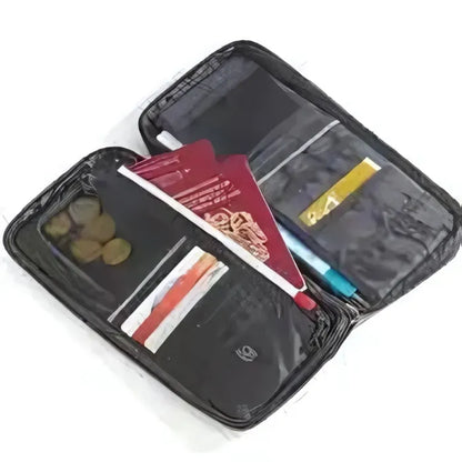 RFID travel wallet passport storage, multiple card slots and document compartments for comprehensive travel document organization