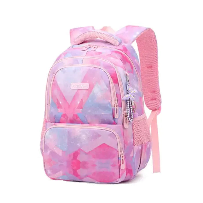 Pink and purple tie-dye patterned backpack with multiple compartments and dimension specifications