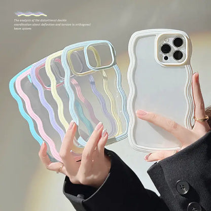  A set of pastel wavy-frame phone cases in various colors held in a fan display.