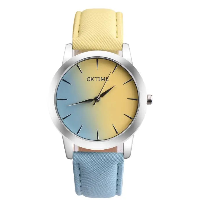 Ladies watch with yellow to blue gradient face and two-tone pastel leather strap