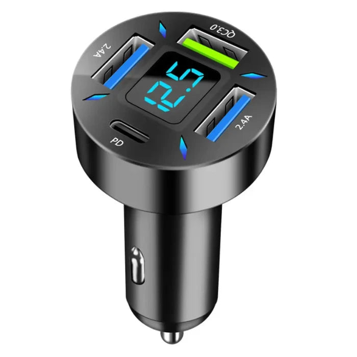 Circular car charger with PD port, digital voltage display, multiple USB ports, and sleek black design