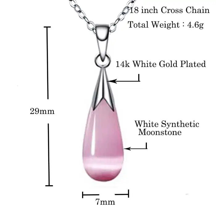Pendant necklace earrings combo showing pink drop pendant with white gold plated chain and measurements