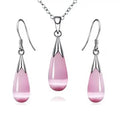Pendant necklace earrings combo with pink water drop synthetic moonstone and silver-tone accents