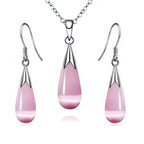 Pendant necklace earrings combo with pink water drop synthetic moonstone and silver-tone accents