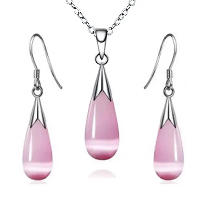 Pendant necklace earrings combo with pink water drop synthetic moonstone and silver-tone accents