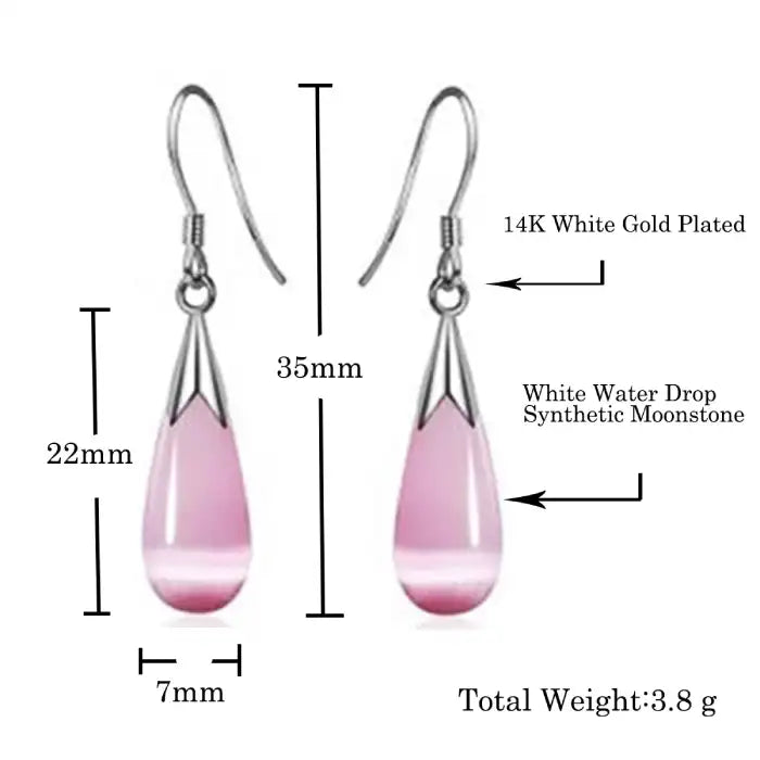 Pendant necklace earrings combo shown with pink moonstone, white gold plating and exact size details