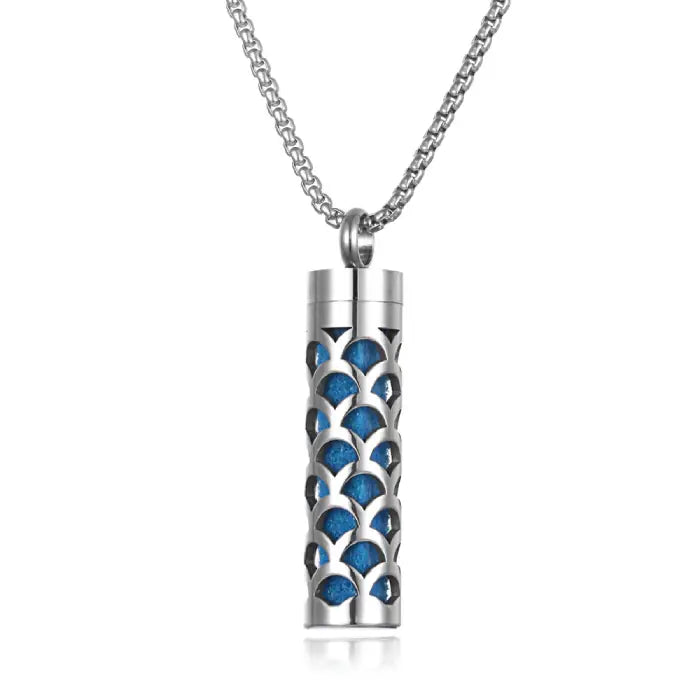 Perforated titanium steel aromatherapy pendant, minimalist design for essential oil diffusion necklace.