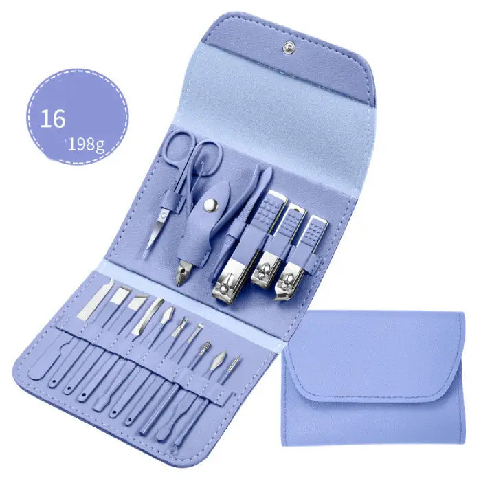 Periwinkle blue manicure set with nail care tools and implements in folding leather-textured case