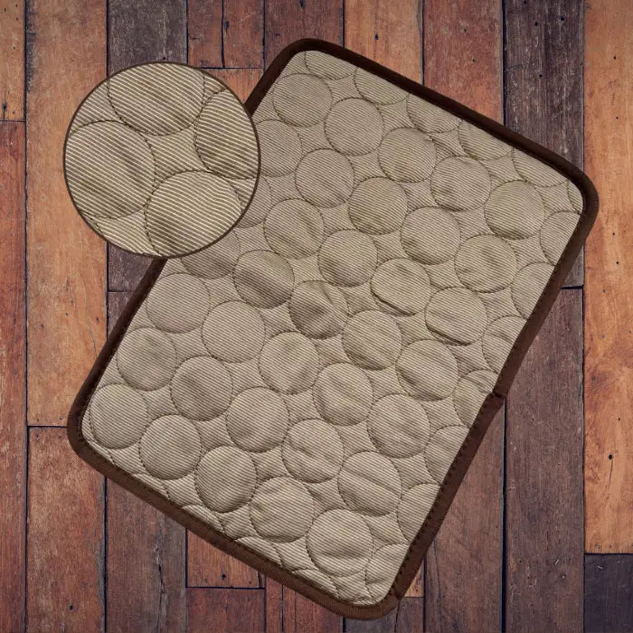 pet cooling pad in brown fabric with magnified texture detail showing striped quilted circular pattern with dark border