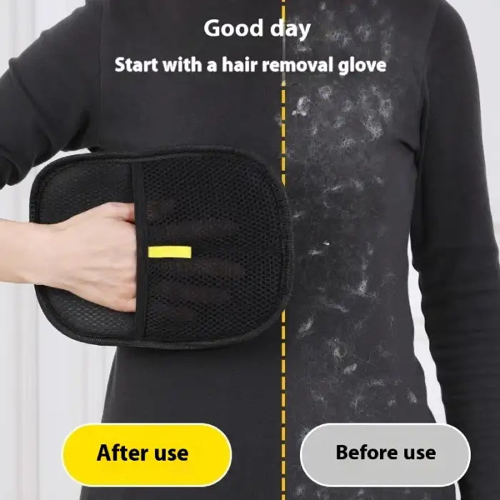 Pet hair remover glove showing before and after effect on shirt covered in pet fur
