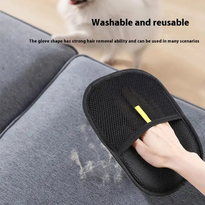 : Pet hair remover glove removing visible fur from fabric sofa surface next to dog